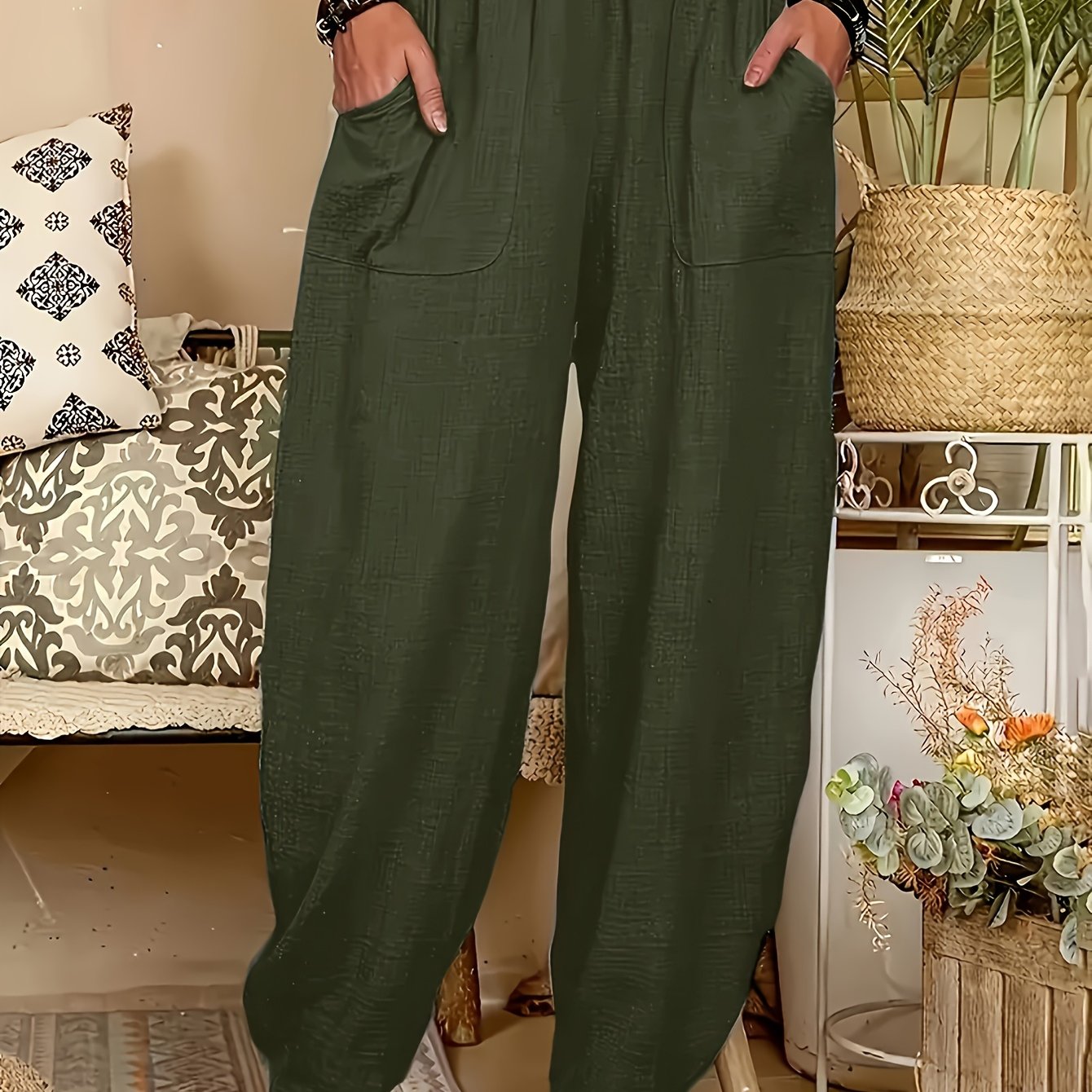 Plus Size Polyester Harem Pants with Elastic Waist Pockets for All Seasons
