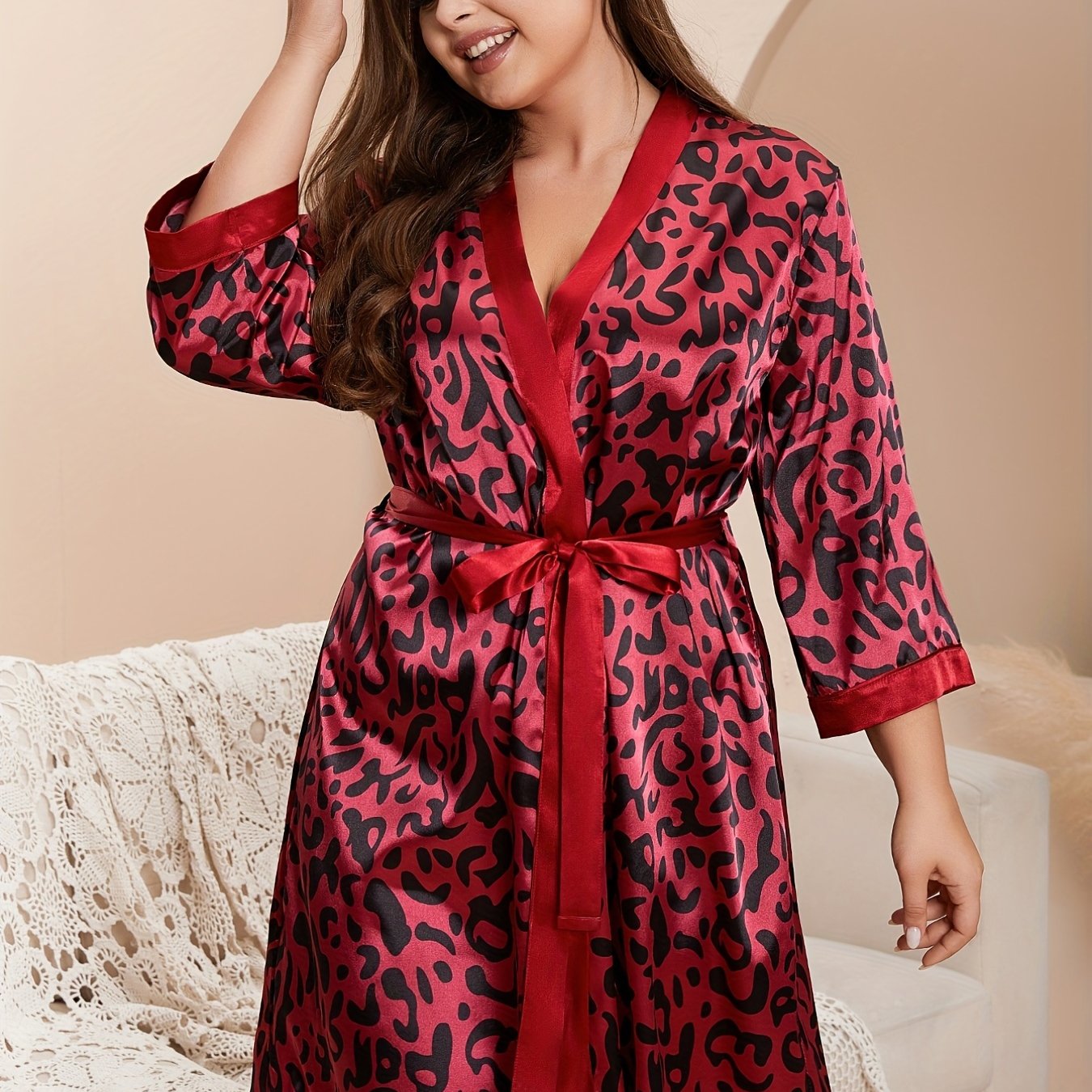 Bata de satén con estampado de leopardo para mujer talla plus con cinturón, bata sin mangas para vestir