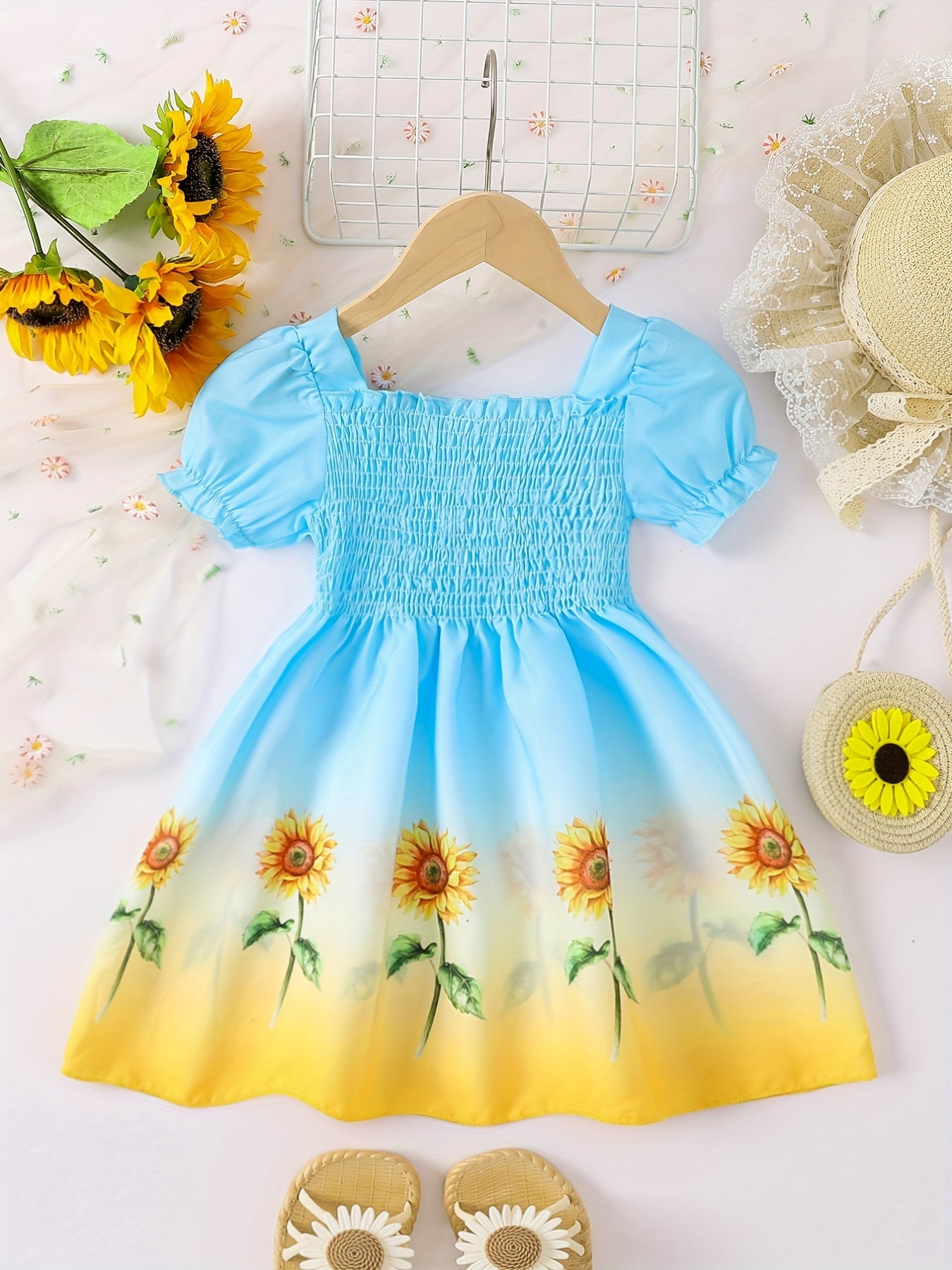 Girls Summer Ombre Sunflower Pattern Princess Dress for Kids Casual 4th of July