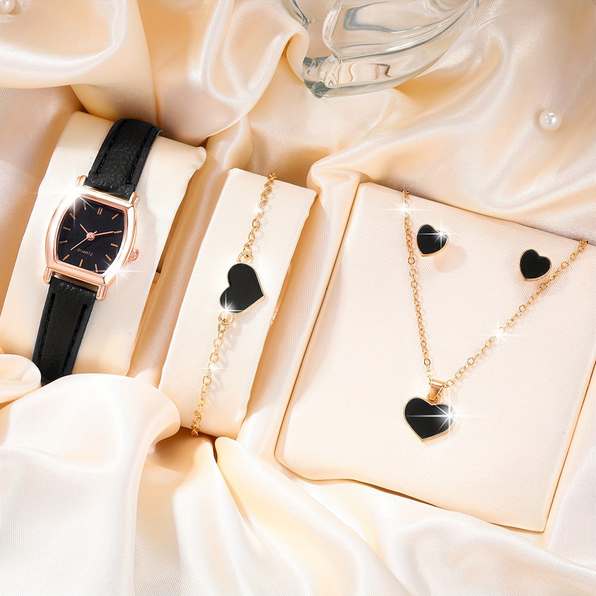 Ladies Watch Set with 5 Quartz Watches Brown PU Straps Jewelry for Women