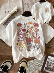 Women's Cotton Floral Graphic T-Shirt with Autumn Print Crew Neck Short Sleeve Casual