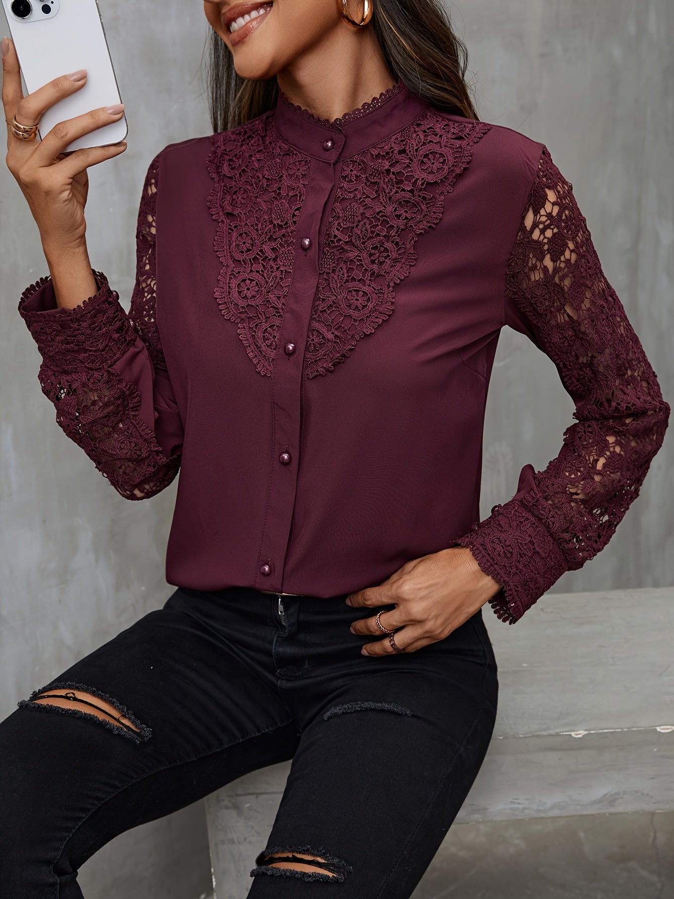 Women's Contrast Lace Blouse with Mandarin Collar and Long Sleeves
