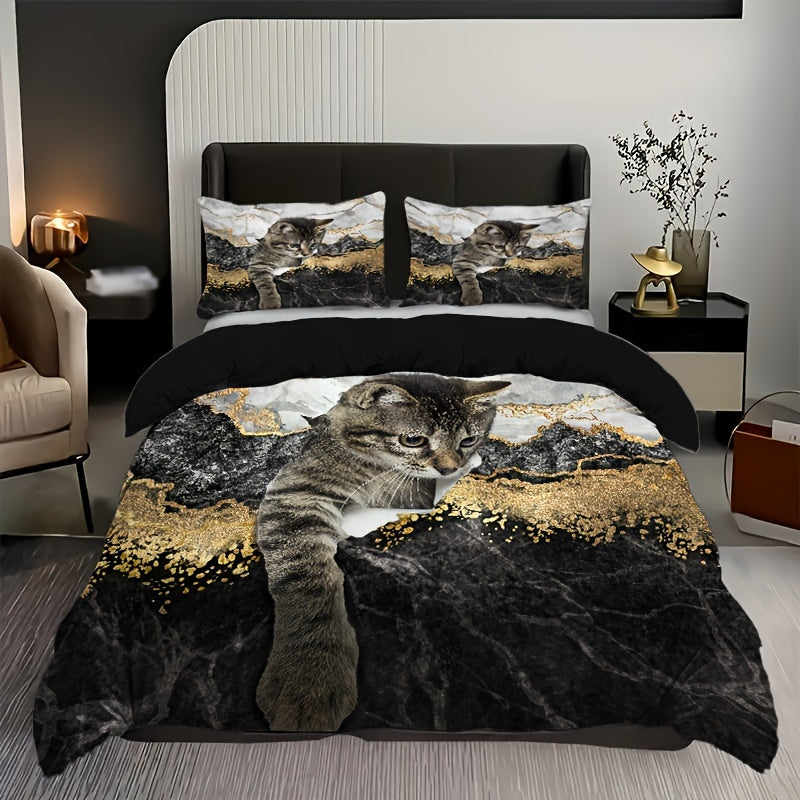 Cat Duvet Cover Set with Pet Cat Pattern and Cute Kitten Print for Kids Teens Bedding