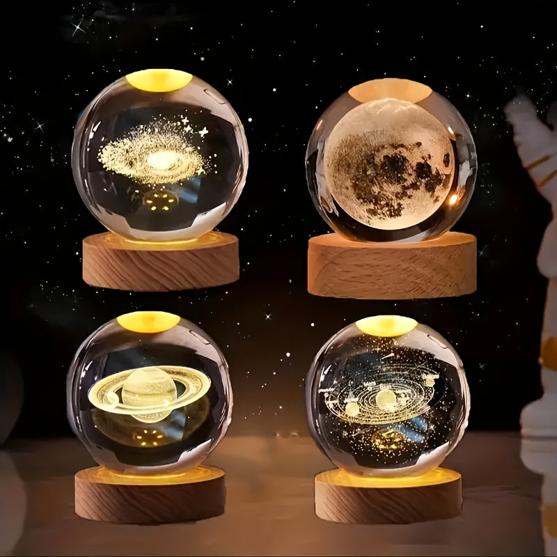 3D Crystal Ball with Solar System and Moon Engraving USB Powered Space Decor for Home Office