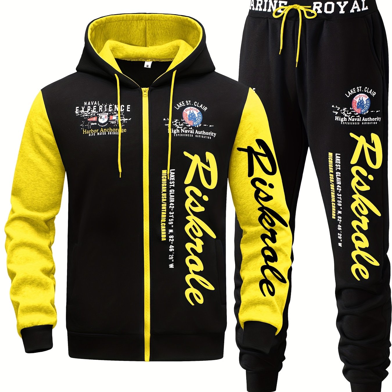 Men's Navy Blue and Black Printed Hoodie and Jogger Set for Casual Sports and Running