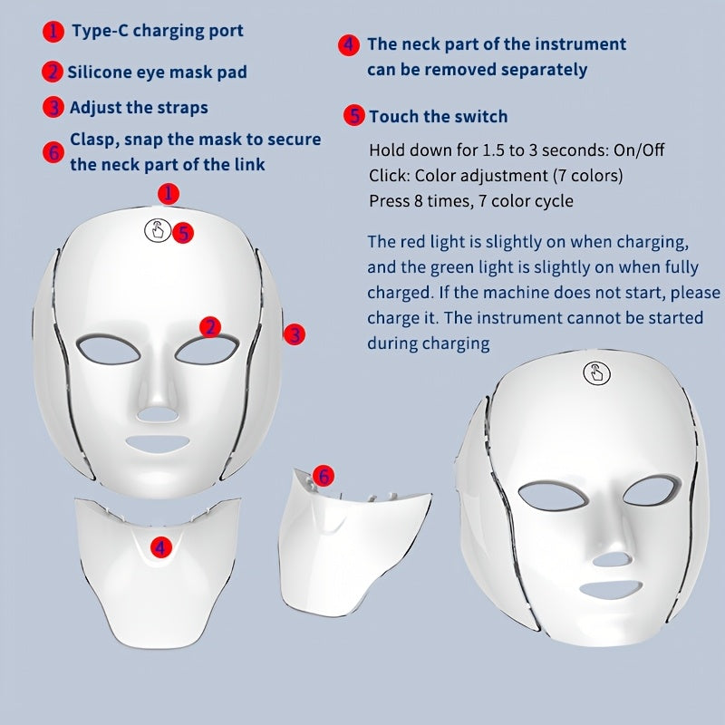 Dispositivo de cuidado facial LED de 7 colores para mujer, recargable, pantalla táctil, portátil, regalo para el Día de San Valentín