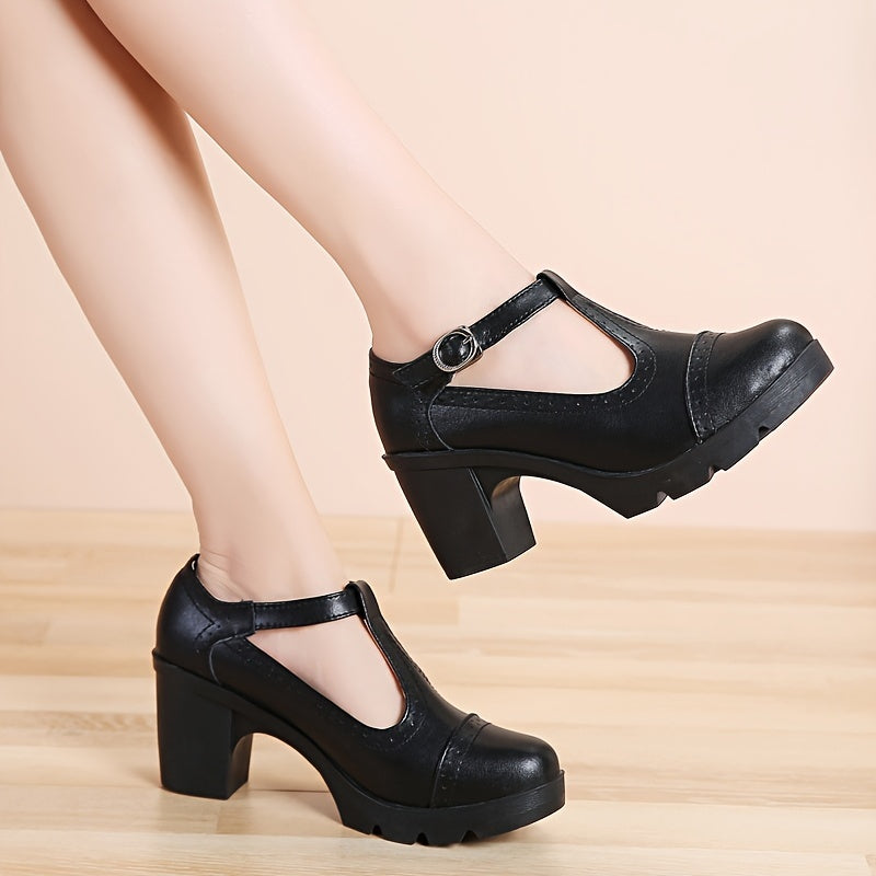 Women's T-Strap Chunky Heels Retro Buckle Oxford Pumps for Office
