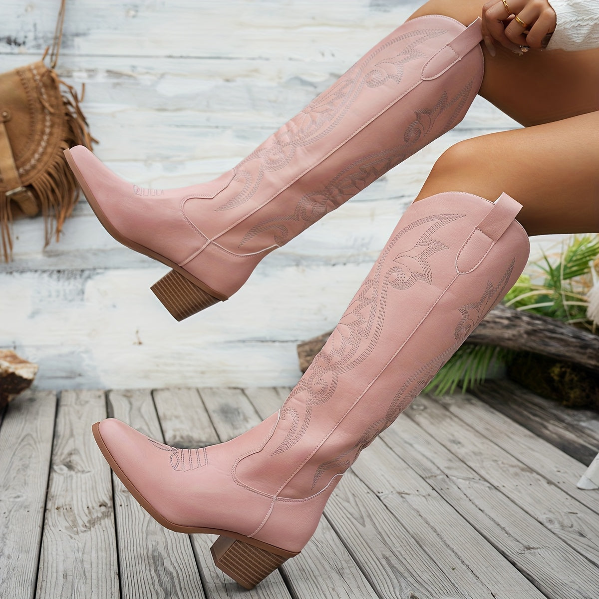 Women's Western Cowboy Boots Faux Leather Floral Embossed Pointed Toe