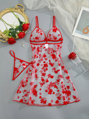 Black Floral Print Sheer Bodysuit with Thong Panties Lingerie