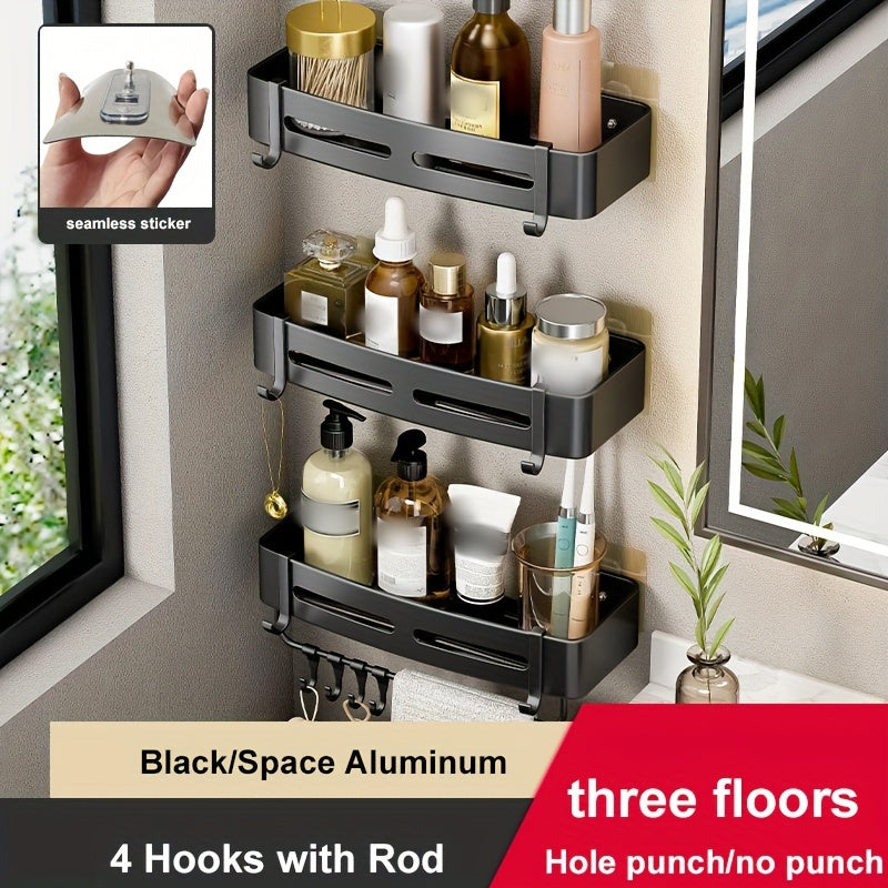 Wall-Mounted Bathroom Storage Rack Aluminum No-Drill Shower Shelf for Shampoo and Cosmetics