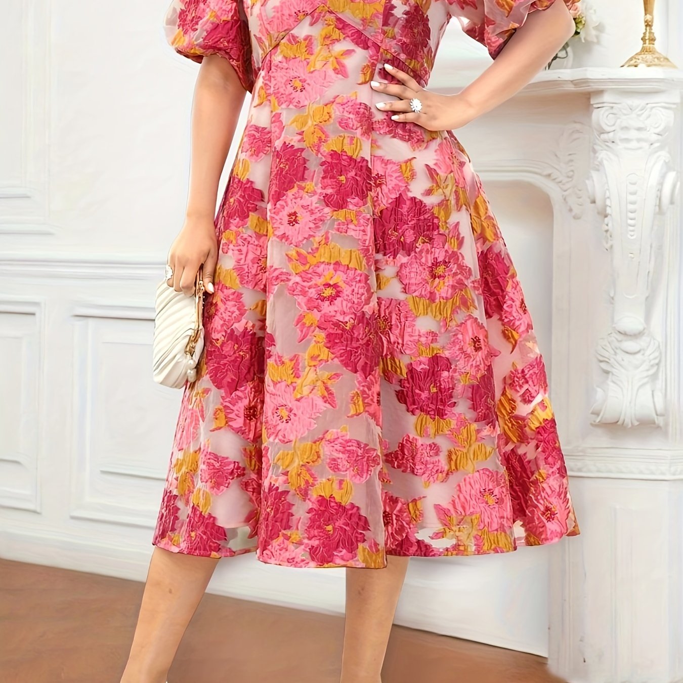 Women's Bohemian Floral Midi Dress V-Neck Puff Sleeve Party Wedding