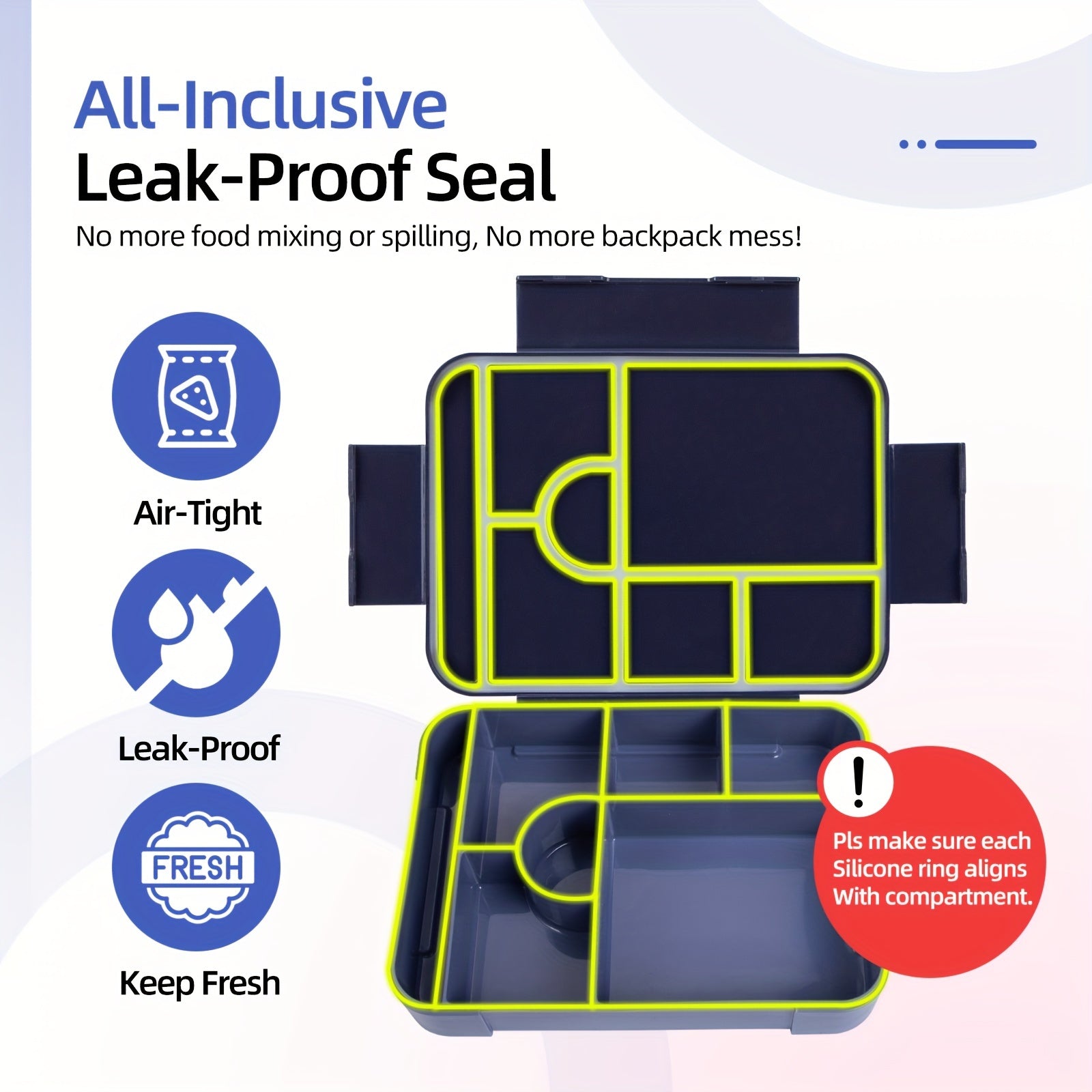 "Suv o'tkazmaydigan Bento Lanch Qutisi 7 bo'lak bilan - Talabalar va Harakatdagi Kattalar uchun Mukammal! Oziq-ovqat Qutisi, Pichoq-to'plami va 1330ml sig'imga ega. Maktab, Ofis, Sayohatlar, Mikroto'lqinli pechka va Qayta yuvish uchun mos."