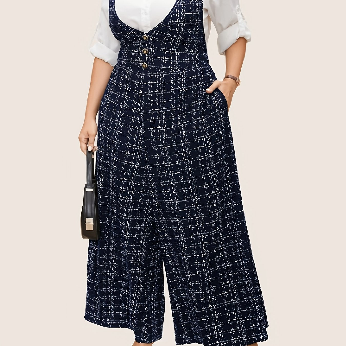 Plus Size Sleeveless Plaid Cross-Back Jumpsuit with Button Print