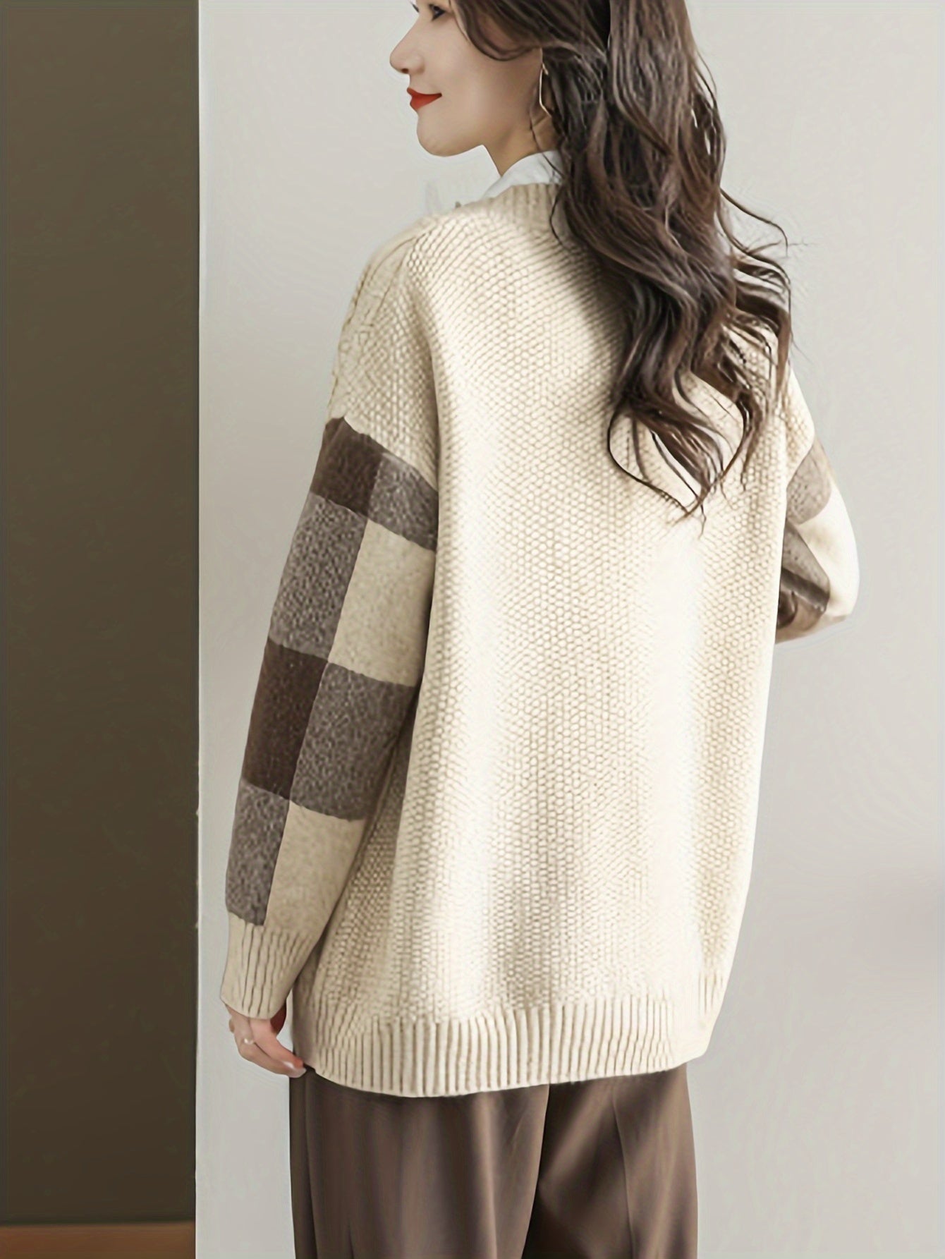 Plus Size Striped Knit Cardigan for Women Open Front Long Sleeve Pockets Autumn Winter