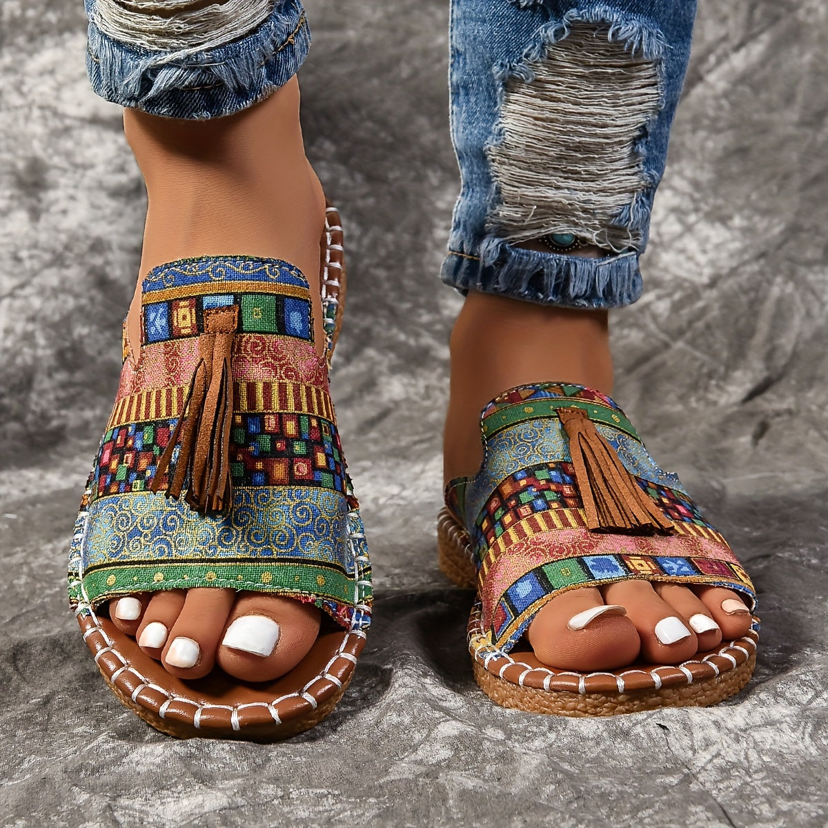 Women's Bohemian Flat Sandals with Tassels, Rubber Soles, Hand Washable