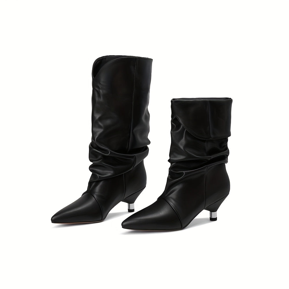 Women's Mid-Calf Faux Leather Western Stacking Boots Slip-On Toe