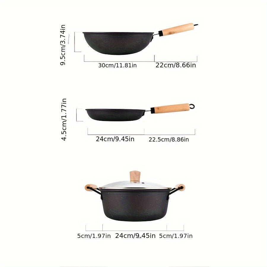 Cast Iron Cookware Set 3-Piece Non-Stick Skillet Soup Pot Frying Pan Flat Bottom