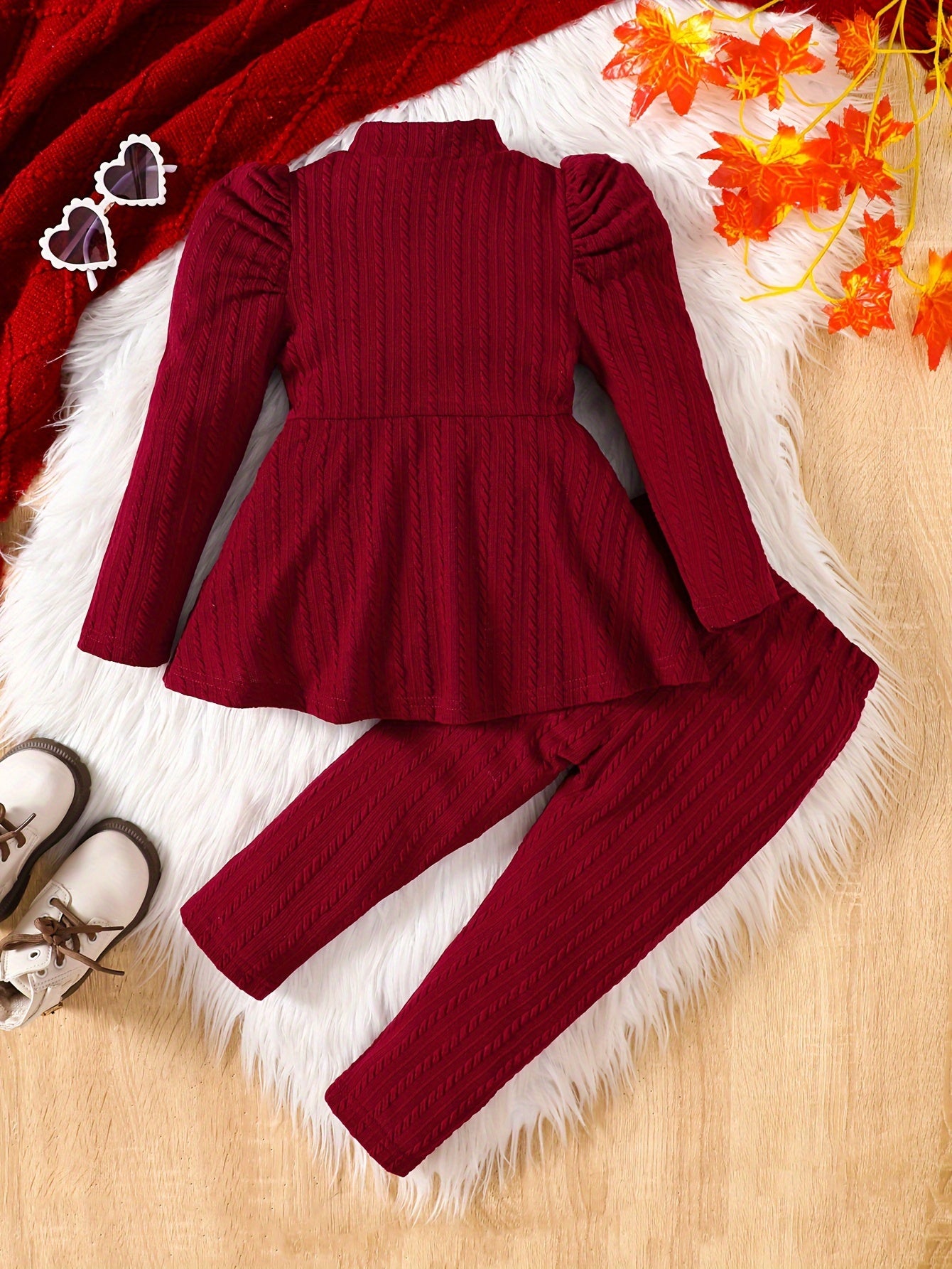 Детский комплект трикотажа с топом с пузырчатым рукавом и жаккардовыми брюками для осенне-зимнего повседневного стиля