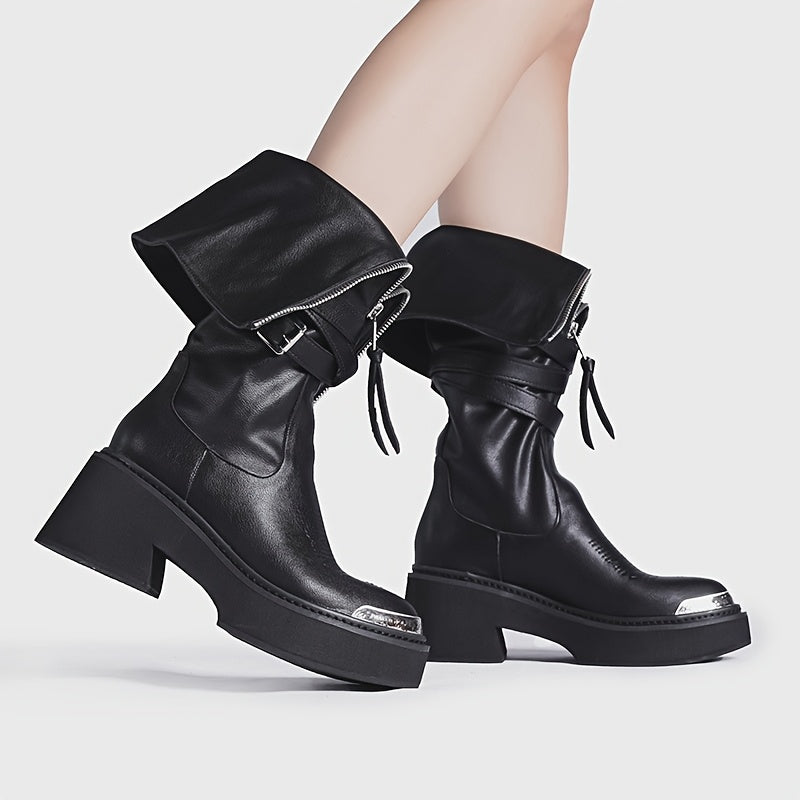 Women's Leather Riding Boots with Zipper and Metal Tips