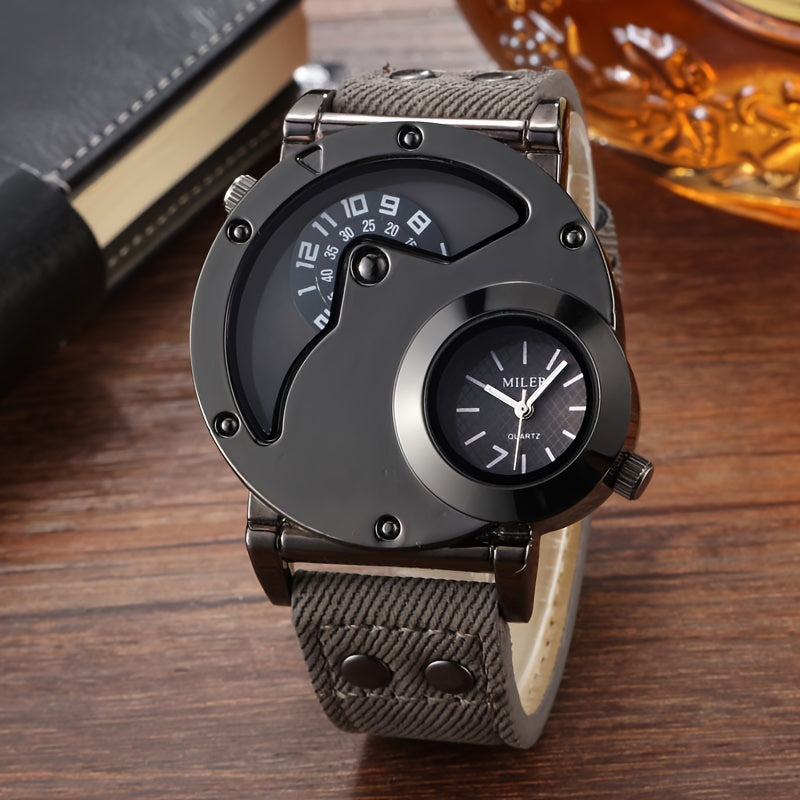 Men's Vintage Dual-Time Watch Denim Strap Alloy Case Quartz Large Dial Not Waterproof