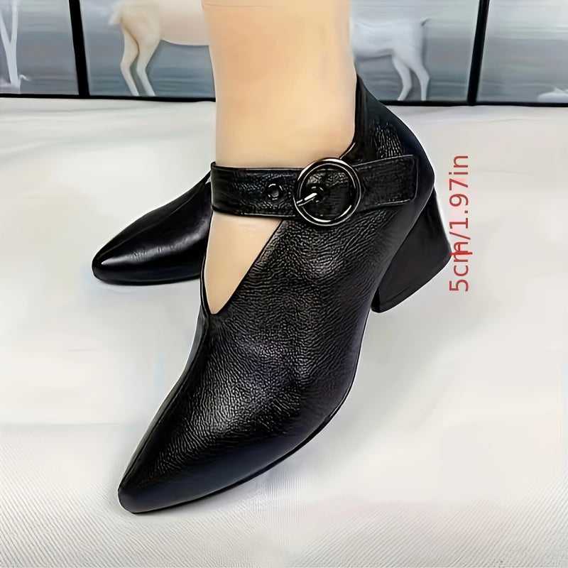 Women's Summer Ankle Strap Heels with Pointed Toe Buckle Closure Water-Resistant Solid Color Low Block Heel