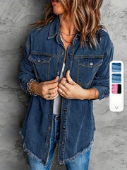 Ayollar uchun qora denim kurtka uzun qolli, tugma bilan yopiladigan, soqqal qirqilgan kanti va cho'ntaklar bilan