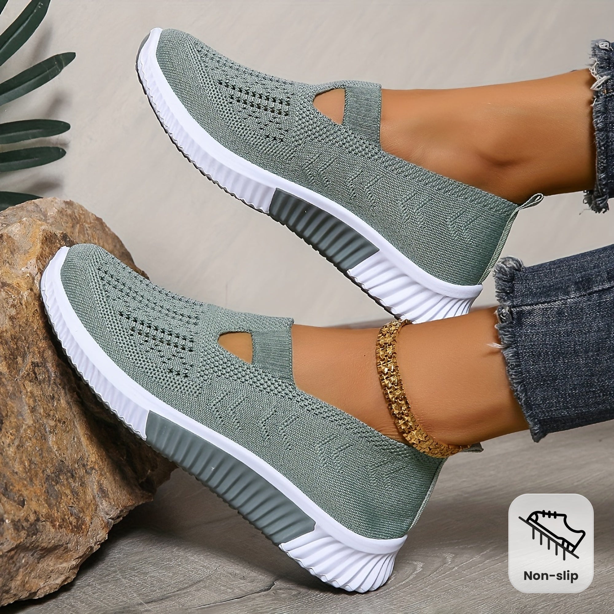 Women's Breathable Slip-On Sneakers Knit Fabric All-Season Walking Shoes