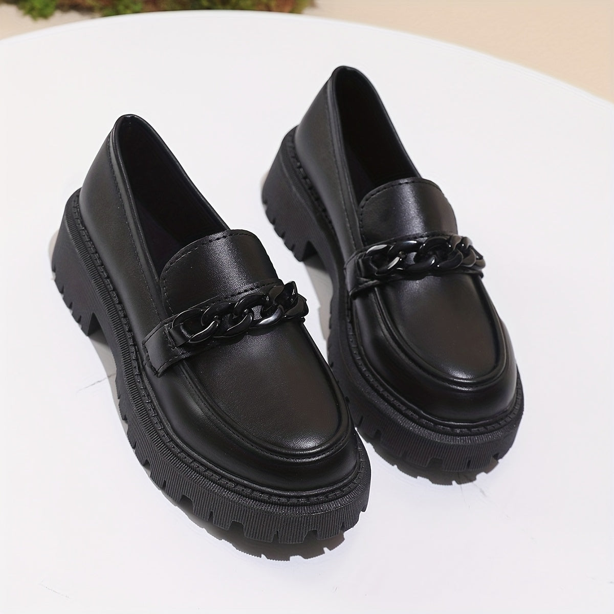 Women's Black Vintage Loafers Platform Block Heel Wide Fit Flats