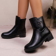 Women's Faux Leather Mid-Top Ankle Boots with Side Zipper and Chunky Heel