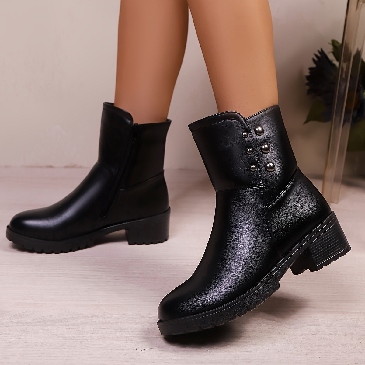 Women's Faux Leather Mid-Top Ankle Boots with Side Zipper and Chunky Heel