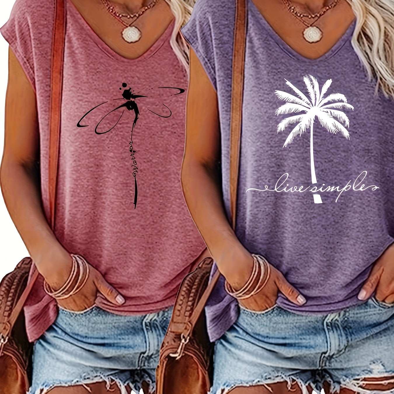 Plus Size Women's V-Neck Vests Two-Piece Set Floral Palm Tree Spring Summer Fabric