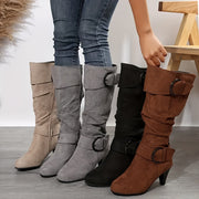 Women's Leather Knee-High Boots with Buckle Strap Side Zipper Chunky Heel