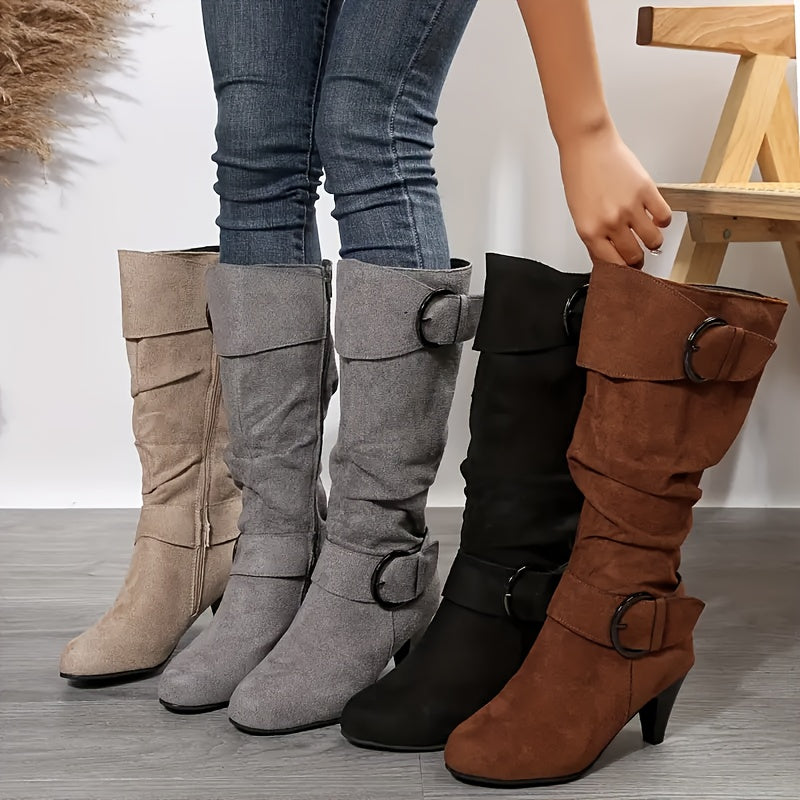 Women's Leather Knee-High Boots with Buckle Strap Side Zipper Chunky Heel