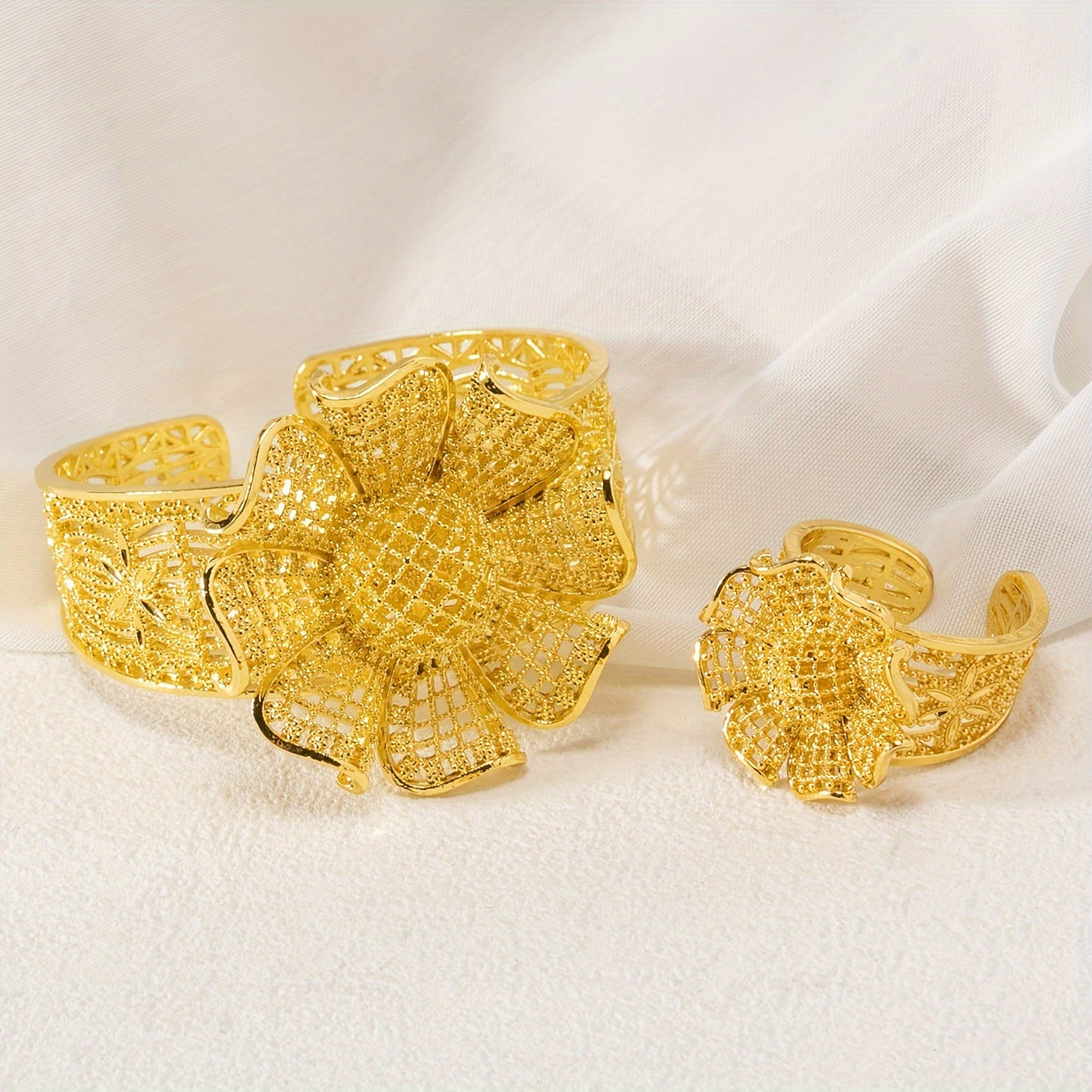 Women Flower Open Cuff Bracelet and Ring Set Alloy Jewelry for Everyday and Formal Wear