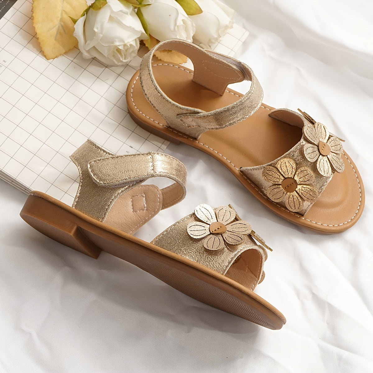 Girls Summer Sandals Floral Embroidery Breathable Light Brown Round Toe Hook-and-Loop Closure