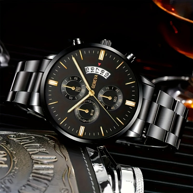 Men's Quartz Watches Set of 2 Stainless Steel Round Dial Fashion Accessories for Men