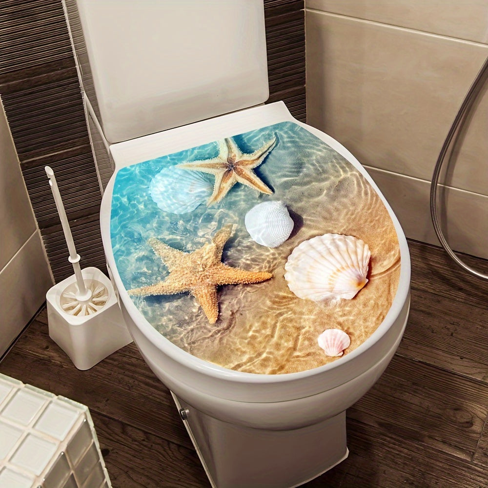 Seashell Bathroom Decor Sticker Waterproof Self-Adhesive Toilet Lid Cover 39.88x34.8cm