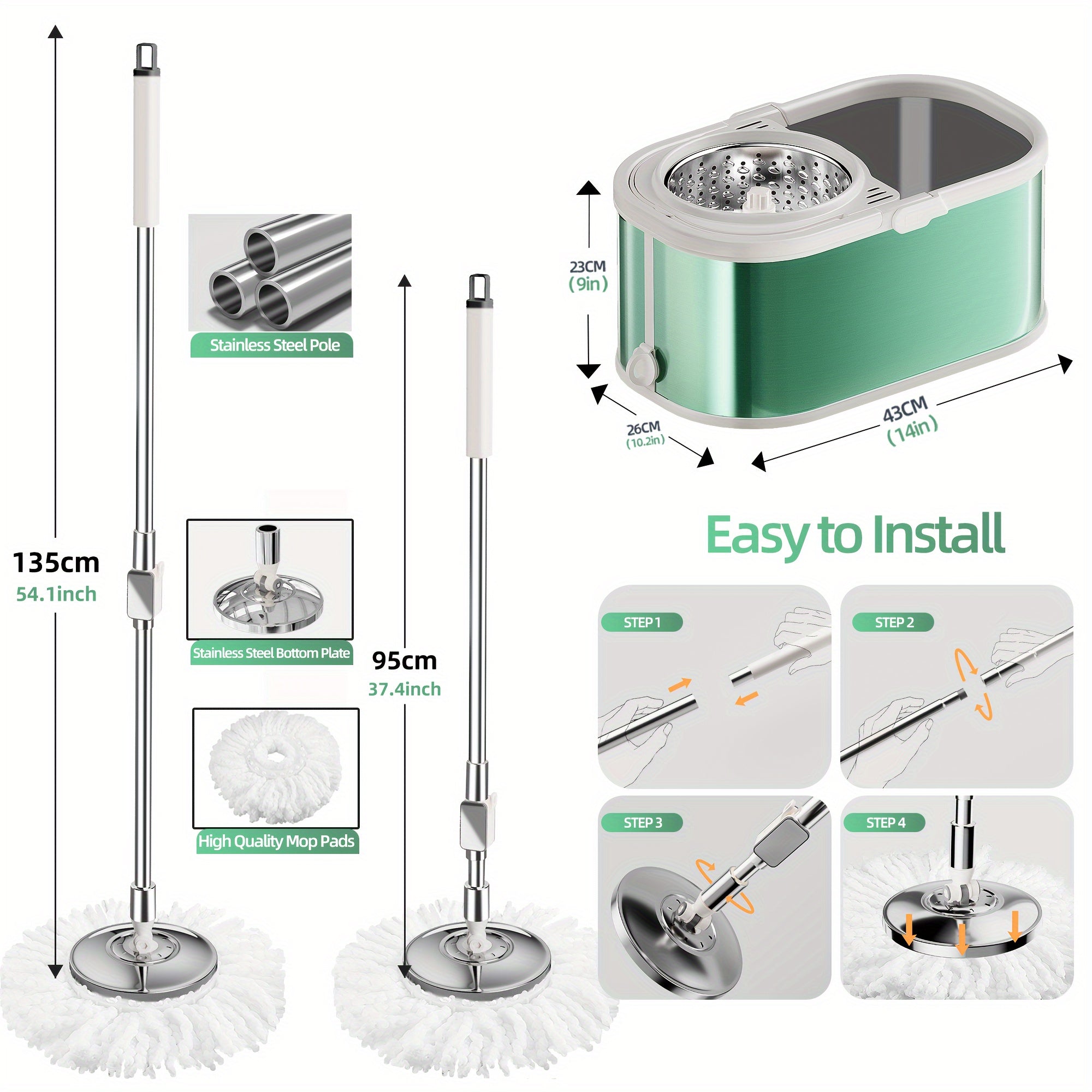 Green Spin Mop and Bucket Set with Stainless Steel Handle for Easy Floor Cleaning