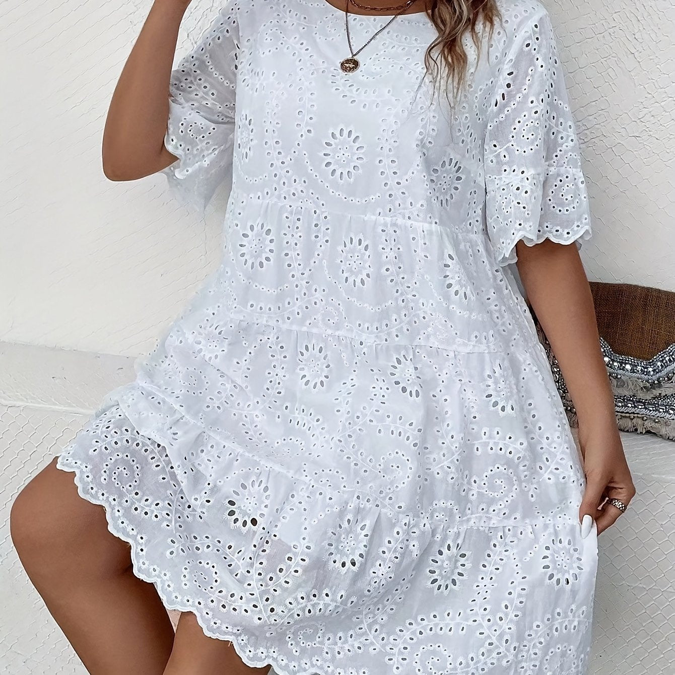 Plus Size Lace-Trimmed Eyelet Embroidery Dress with Mesh Fabric for Spring and Summer