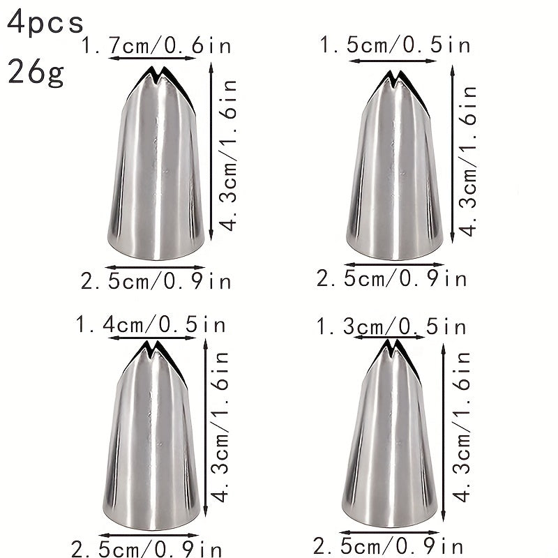 Set of 4 Stainless Steel Piping Tips for Cake Decorating Medium Size Nozzles