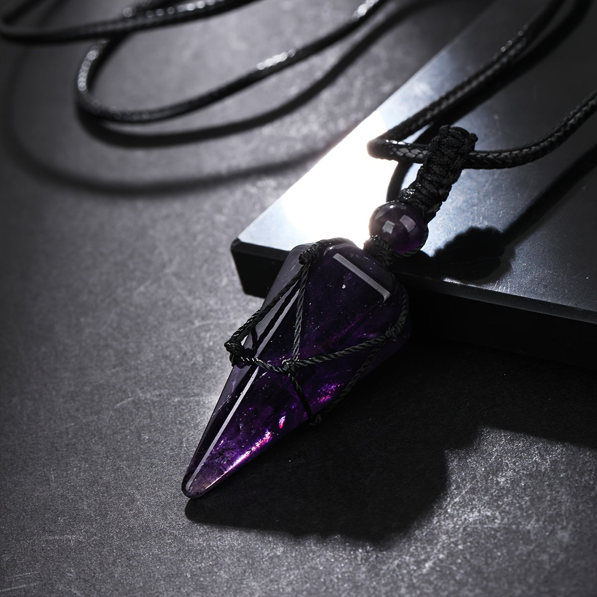 Men's Hexagonal Cone Pendant Necklace with Braided Rope and Amethyst Crystal