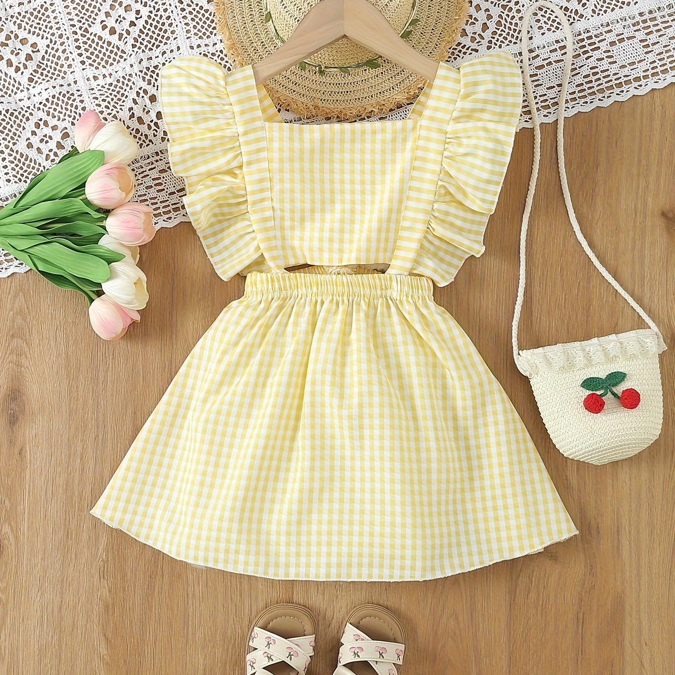 Kids' Summer Plaid Dress with Ruffle Sleeves for Children
