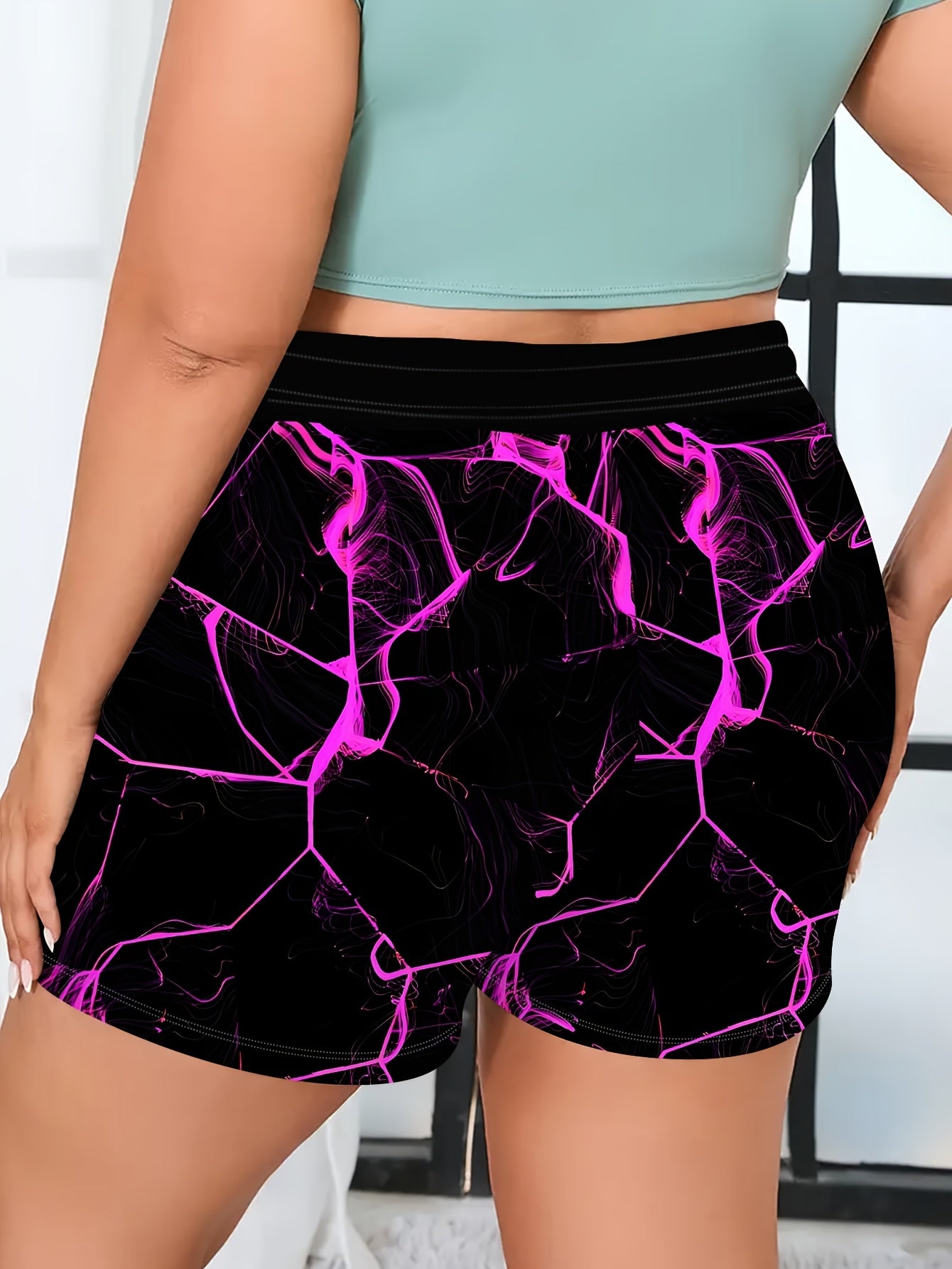 Plus Size Women's Athletic Shorts with Pockets and Drawstring Purple Floral