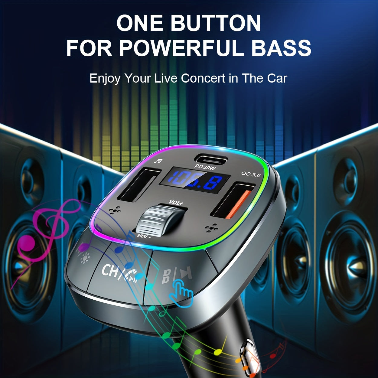 Wireless Car Adapter with Hands-Free Calling RGB Backlit Fast Charging
