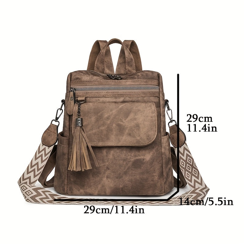 Women's Retro Brown Leather Backpack with Large Capacity and Multiple Zippers