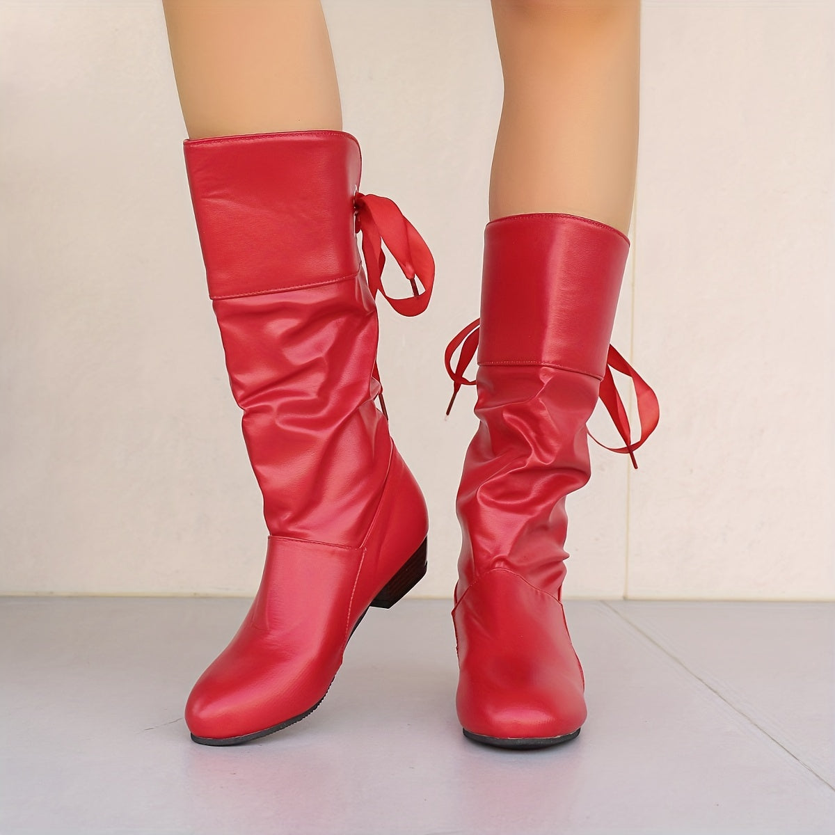 Women's Mid-Calf Lace-Up Boots Solid Color Round Toe Block Heel