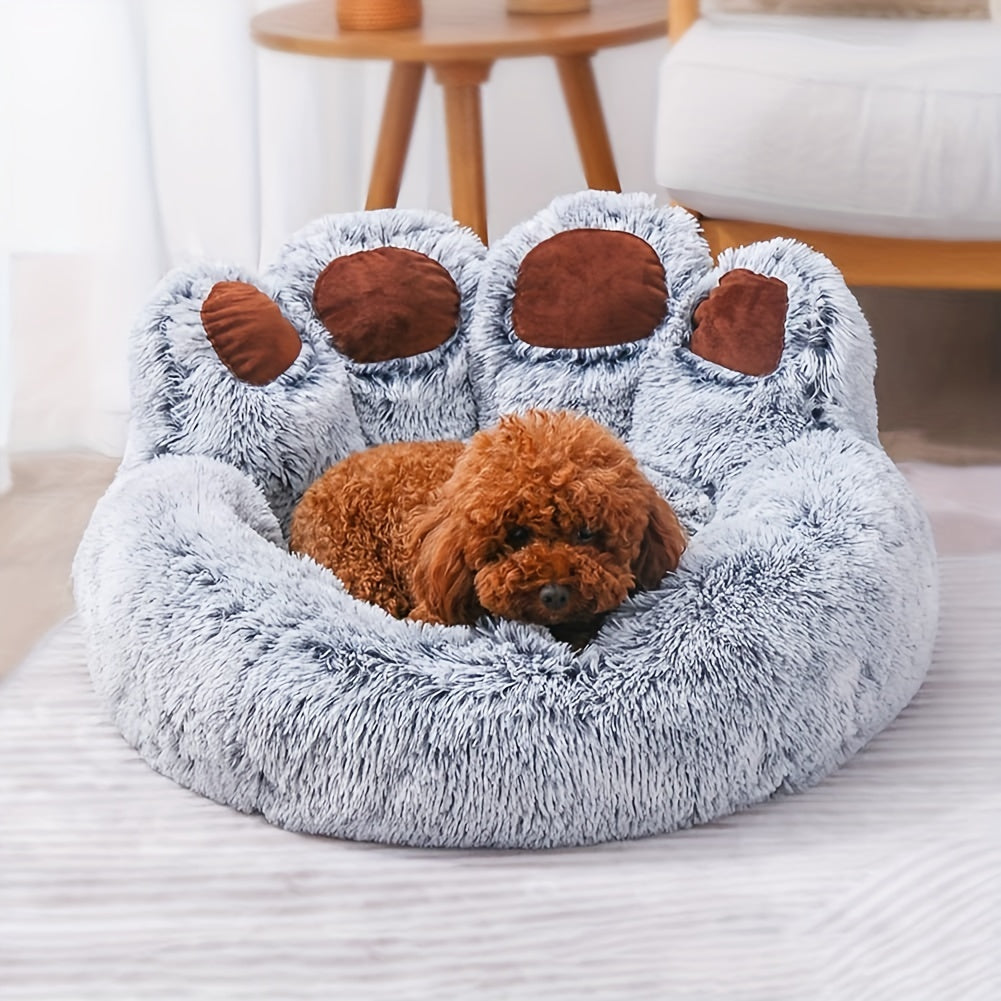 Pet Paw-Shaped Round Dog and Cat Bed Gray Faux Fur Non-Slip Small Medium