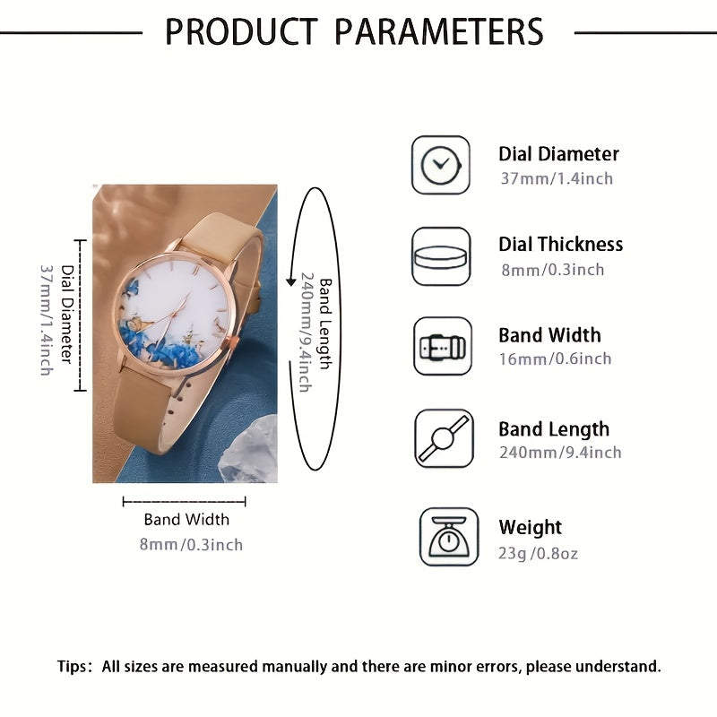 Set of 5 Blue Quartz Watches with Leather Strap Zinc Alloy Dial and Butterfly Jewelry