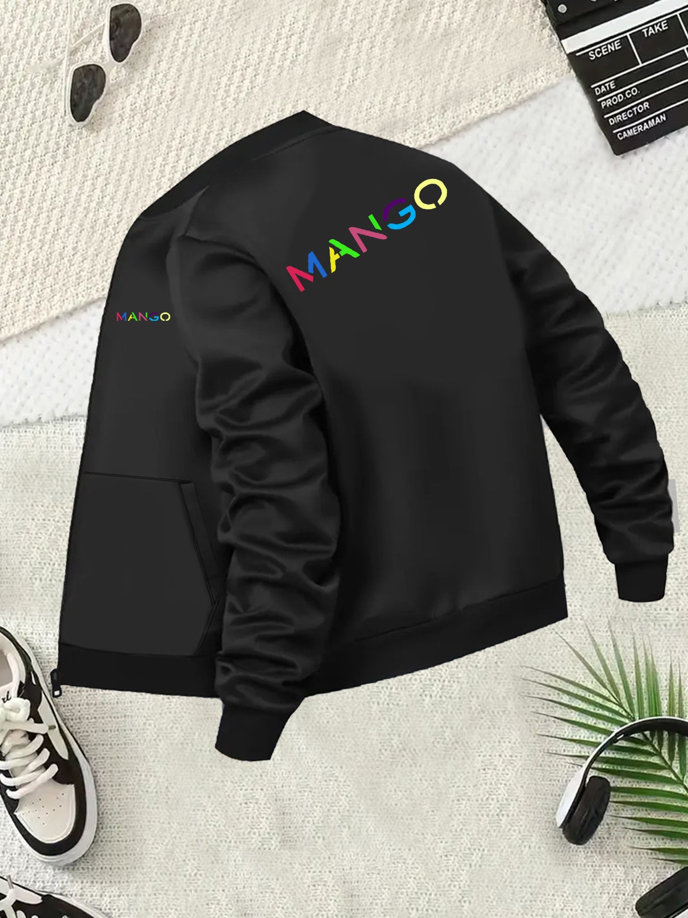 Plus Size Women's Black Cotton Polyester Bomber Jacket with Colorful Lettering