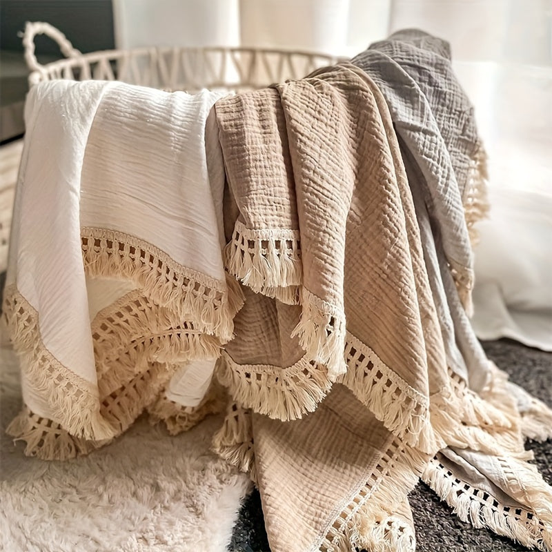 Double Gauze Space Theme Towel with Fringe Beige Pack of 1